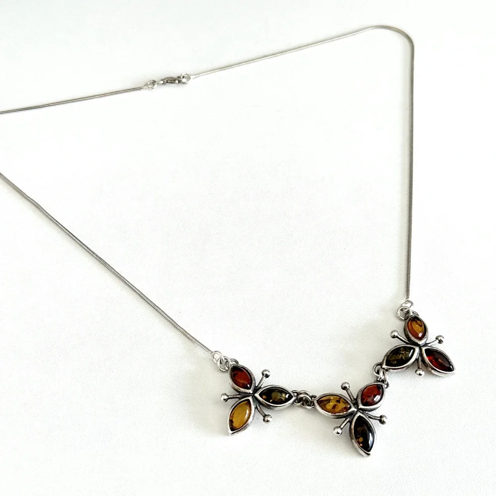 Vintage 925 Sterling Silver Natural Amber Cabochon Three Flowers Necklace 18